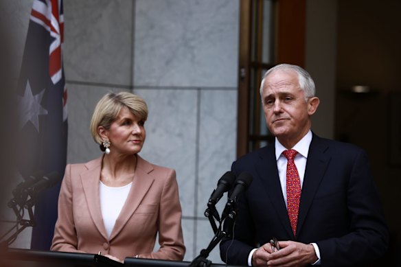 Prime Minister Malcolm Turnbull and Minister for Foreign Affairs Julie Bishop hold a press conference after leadership spill at Parliament House in Canberra.