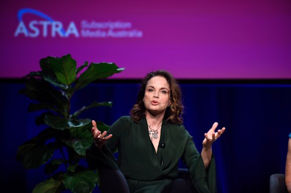 Wentworth star Sigrid Thornton regales the audience at the ASTRA Women in Television breakfast on Monday, September 11, 2017.