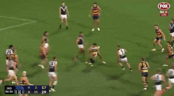 Port Adelaide’s Jason Horne-Francis did not dispose of the ball and was not pinged for holding the ball despite being spun around multiple times in this tackle from an Adelaide opponent in Thursday’s Showdown.