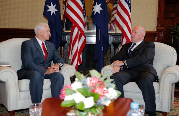 U.S. Vice President Mike Pence, left, meets with Australia's Governor-General Peter Cosgrove at Admiralty House in Sydney.