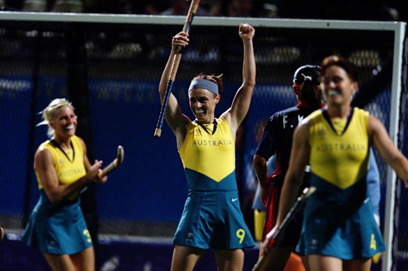 Australia's Claire Mitchell-Taverner scores the fifth goal during the women's hockey match against China.