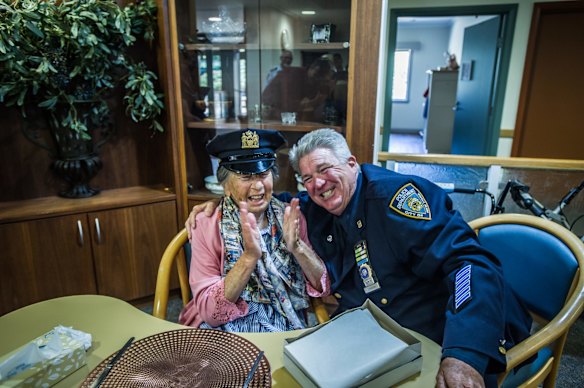 Uniting Care Mirinjani retirement village has granted a lifelong wish for resident Berenice Benson to meet a real New York city cop (something she mentions every tine she gets into the facility lift featuring a poster of the New York skyline). NYPD Detective Howard Shank was glad to accommodate. 