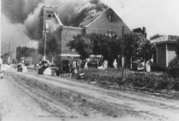 The University of Tulsa, The Mt. Zion Baptist Church burns in Tulsa, Okla. during the Tulsa Race Massacre of June 1, 1921. 