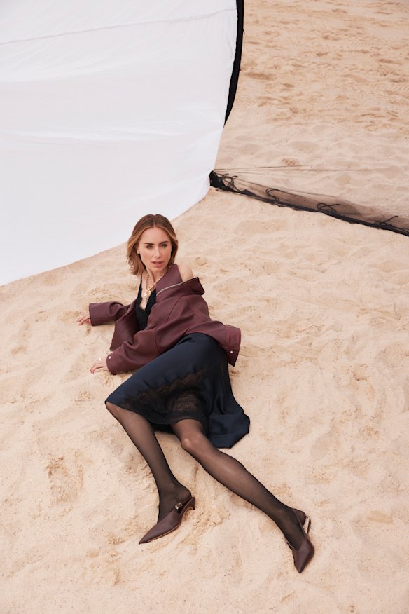 Anine Bing “Sandy” leather jacket, “Judy” dress, and “Nelly” shoes.