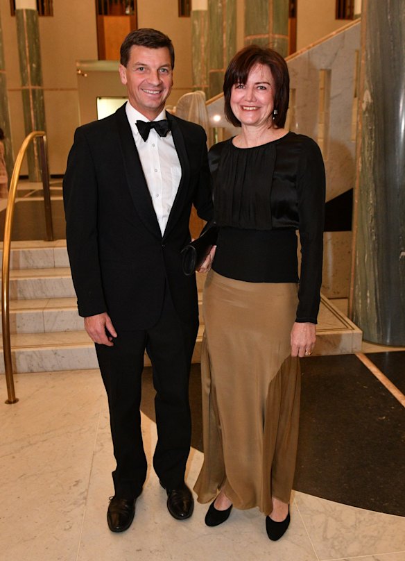 Minister for Energy Angus Taylor and wife Louise arrive for the annual Mid Winter Ball at Parliament House in Canberra, Wednesday, September 12, 2018.