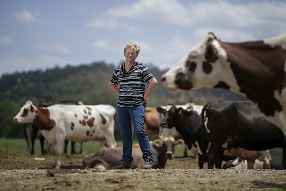 Goolmanger dairy farmer Leigh Shearman has had to have fodder trucked in to feed her cows due to the drought. 