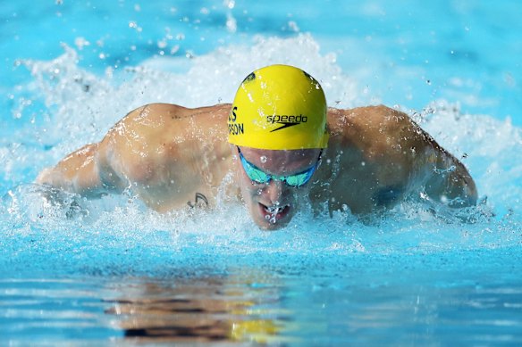 Cody Simpson of Team Australia competes in the Men's 100m Butterfly Heats on day four.