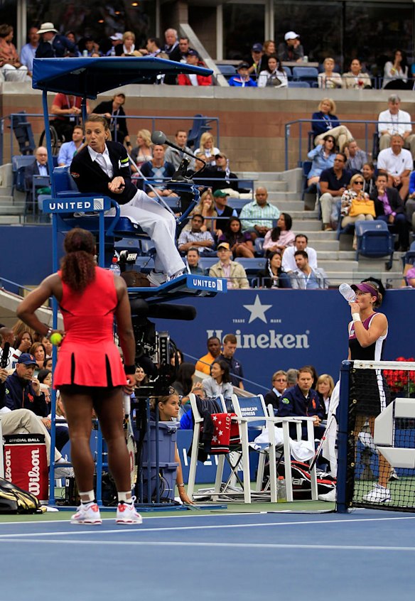 Serena Williams of the United States questions the call of chair umpire Eva Asderakia while playing against Samantha Stosur of Australia during the women's singles final at the US Open.