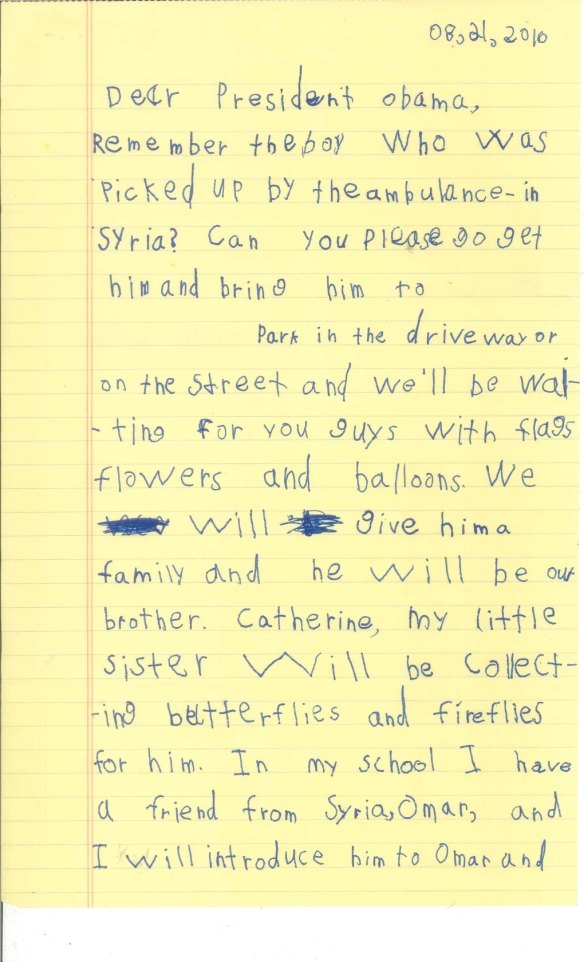The letter from six-year-old Alex to US President Barack Obama offering to house Syrian boy Omran Daqneesh.