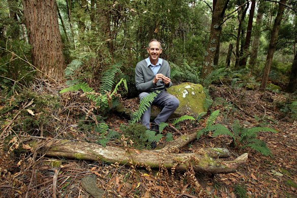 Bob Brown  at Oura Oura, the property at Liffey near Launceston which he is handing over to Bush Heritage Australia, March 2001.