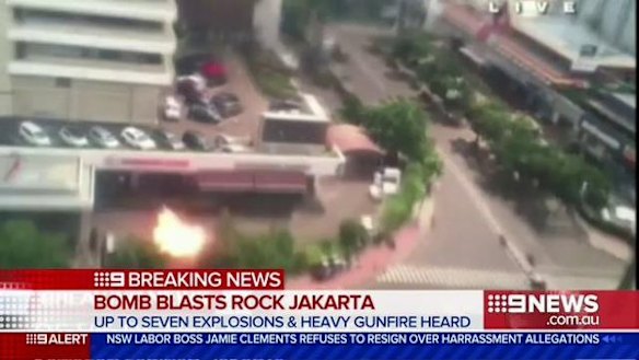 Explosions in Jakarta as seen on Channel 9 news. 