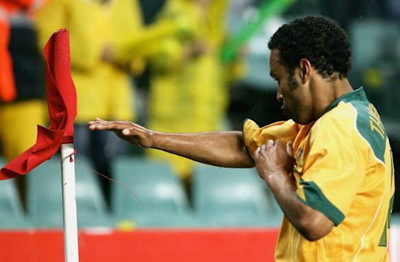Kun-fu Archie: Breaking out his trademark move, after scoring against the Solomon Islands at Aussie Stadium in 2005.