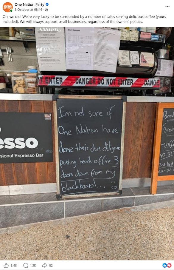 The One Nation Facebook post that launched a review-bombing campaign against Glen’s Espresso.