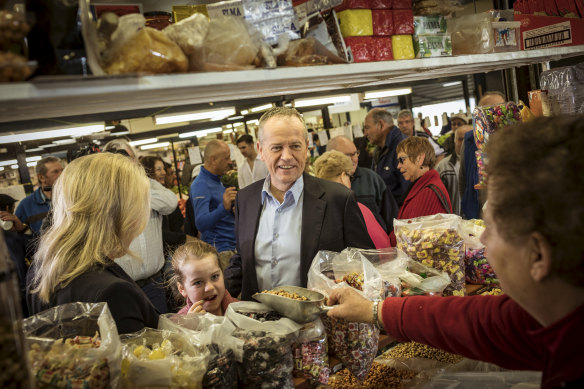 Opposition Leader Bill Shorten at the St Albans Market in Melbourne on Saturday.