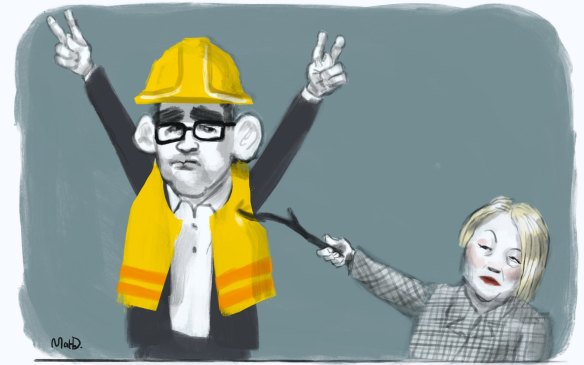 Dan Andrews in hi-vis jacket and hard hat returns to government after a long absence.