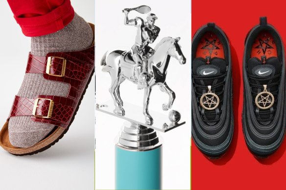   Rihanna’s new makeup release is a collaboration with MSCHF, the guerrilla company behind other punk products, including, from left, Birkenstock sandals made from Hermes birkin bags, a Tiffany & Co “Ultimate Participation Trophy”, and so-called Satan Sneakers.