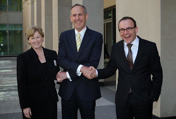 From left, the deputy Greens leader Christine Milne, Bob Brown and Greens MP Adam Bandt, Parliament House, October 2011.
