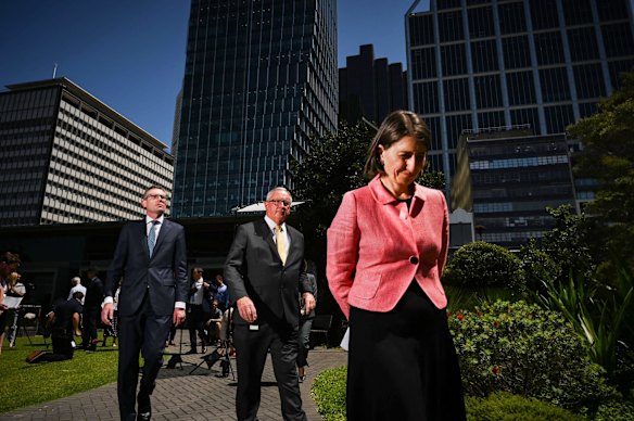 Dominic Perrottet, Brad Hazzard and Gladys Berejiklian front the media after the Premier's relationship with ex-MP Daryl Maguire was revealed at an ICAC hearing. October 13, 2020.