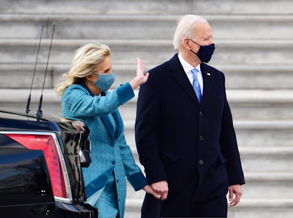 U.S. President Joe Biden and First Lady Jill Biden exit the east steps of the U.S. Capitol after the 59th presidential inauguration in Washington, D.C., U.S., on Wednesday, Jan. 20, 2021.