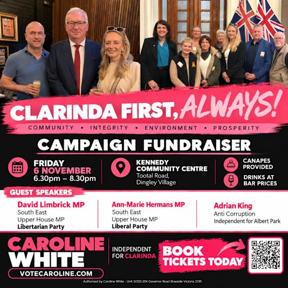 The fundraising event for Clarina independent Caroline White, where Liberal MP Ann-Marie Hermans was advertised as a guest speaker. 
