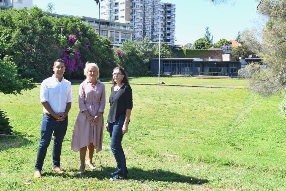 Alex Greenwich, pictured with Harriet Price and Melinda Hayton, at the site of the former Paddington Bowling Club.