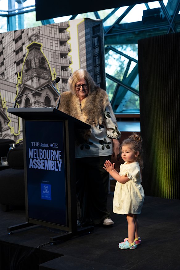 Professor Diane Kerr, known as Aunty Di, delivered a Welcome to Country. Her granddaughter surprised the room by joining her on stage as she finished speaking.