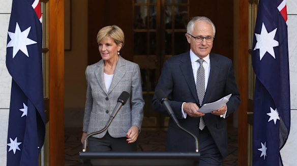 Prime Minister Malcolm Turnbull announced his new ministry with Julie Bishop at Parliament House in Canberra.