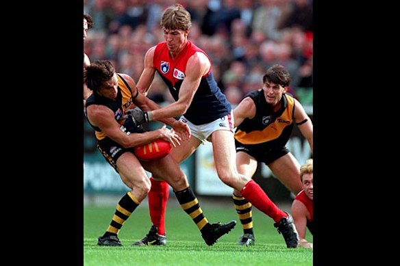 Jim Stynes and Nick Daffy. AFL Round 7, Richmond versus Melbourne at MCG, May 10 1998.