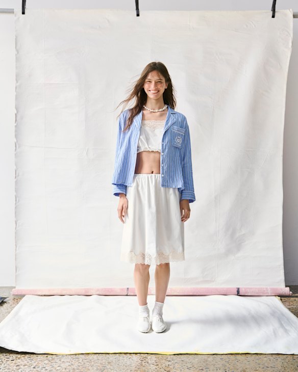 Maje shirt, $440, top, $280, and skirt, $775. Reliquia “Keshi” pearl necklace (worn throughout), $399.
