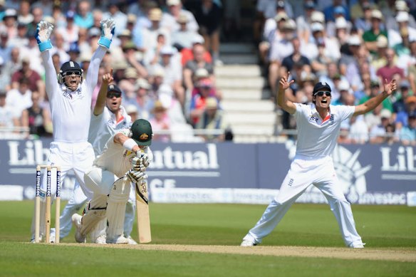 Wicketkeeper Matt Prior and captain Alastair Cook (R) of England appeal successfully for the wicket of James Pattinson of Australia.
