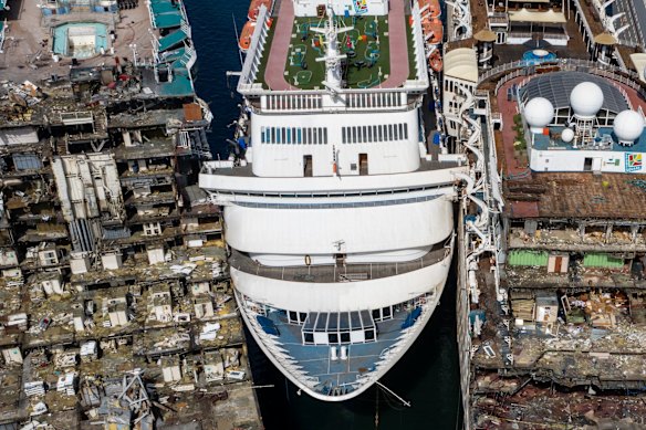 Five cruise ships are seen being broken down for scrap metal at the Aliaga ship recycling port in Izmir, Turkey. With the global coronavirus pandemic pushing the multi-billion dollar cruise industry into crisis, some cruise operators have been forced to cut losses and retire ships earlier than planned. The crisis however has bolstered the years intake of ships at the Aliaga ship recycling port with business up thirty percent on the previous year.  