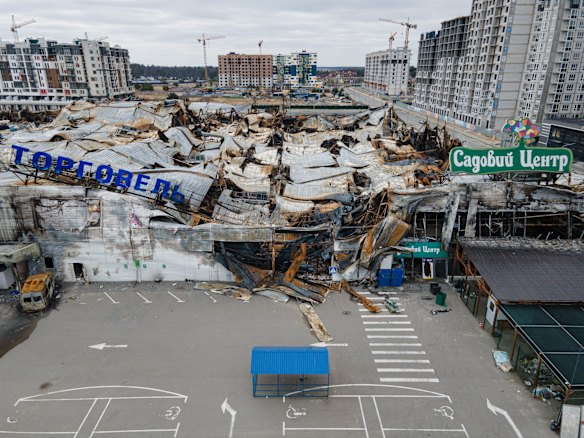 The ruins of a destroyed shopping center in Bucha. The Kyiv suburb was heavily damaged in fighting between invading Russian forces and Ukrainian troops weeks before.