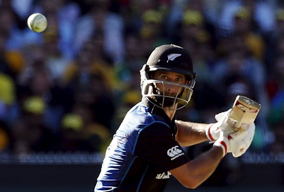 New Zealand's Grant Elliott hits a boundary during the Cricket World Cup final match against Australia at the Melbourne Cricket Ground (MCG) March 29, 2015