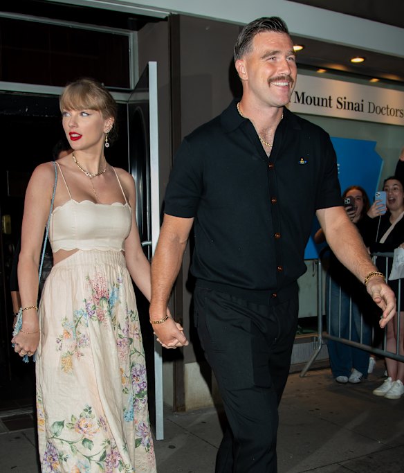 Taylor Swift (with fiance Travis Kelce) wearing Zimmermann to the 2024 wedding of supermodel Karen Elson.