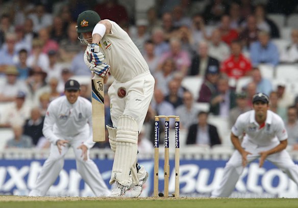 Brad Haddin is hit by a delivery from England's Chris Woakes.