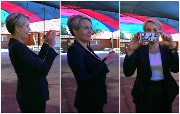 Deputy Opposition Leader Tanya Plibersek turns the camera towards Alex after noticing she was being photographed while taking photos with her phone during her visit to Domremy Catholic College in Sydney. Friday 13th May.