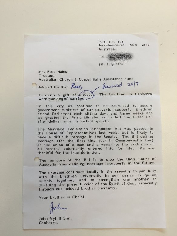 A note from a senior Exclusive Brethren member in 2004 revealing their role in encouraging John Howard to amend the Marriage Act to prevent gay marriage.