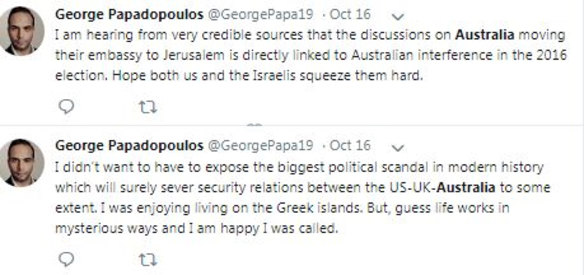 Tweets from an account purportedly belonging to George Papadopoulos, a one-time adviser to the Donald Trump campaign.