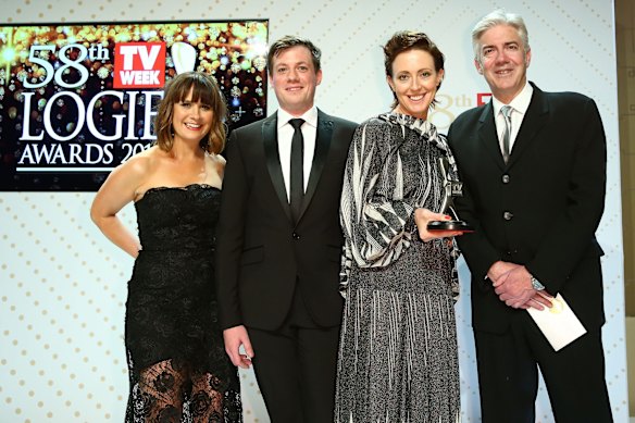 <i>Shaun Micallef's Mad As Hell</i>: Shaun Micallef, right, and cast with the Logie for Most Outstanding Comedy Program.