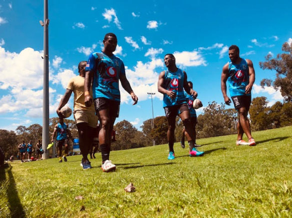 Suliasi Vunivalu (centre) joins his Fijian teammates at training in St Mary's on Thursday ahead of the World Cup 9s.