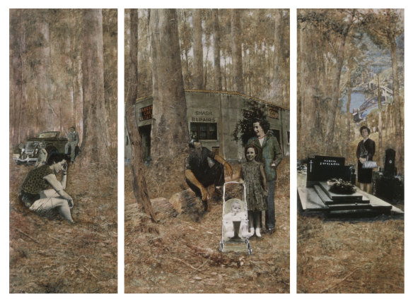 The Immigrants, 1983, a collage of family photographs on a McCubbin reproduction, include Zahalka’s
family photographs of her parents and sister (left panel), her father’s panel beating business in Rushcutters Bay and the artist in a pram with her sister and mother (middle panel), and the Zahalka family grave in what was then known as Czechoslovakia.