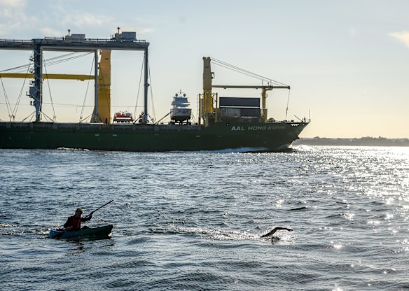 Grant just makes it through the shipping lane before a ship passes through.