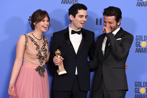 <i>La La Land</i> writer-director Damien Chazelle (centre) with Felicity Jones and Diego Luna.