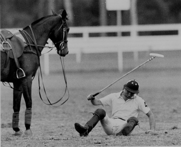 Charles takes a fall at Warwick Farm in 1983 in front of a crowd of 10,000 Australians. He was unhurt and later joked about the incident.
