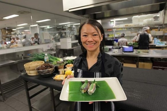 Nahji Chu demonstrates the art of rice-paper-roll-making in her commercial Miss Chu kitchen in Darlinghurst, Sydney. 