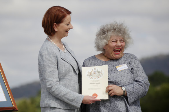 Then Prime Minister Julia Gillard welcomes actress Margolyes as a new citizen of Australia at a citizenship ceremony in Canberra, 2013.