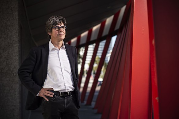 Peter Poulet, Prof. Of Practice, Architecture at University of Western Sydney, in front of the Olympic Amenities Buildings at Homebush. 