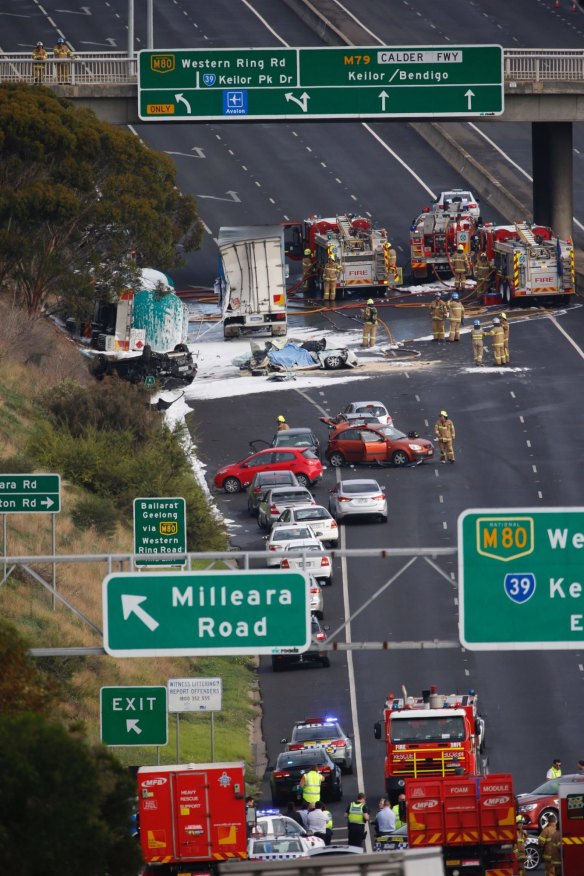 The Calder Freeway crash on Tuesday morning.