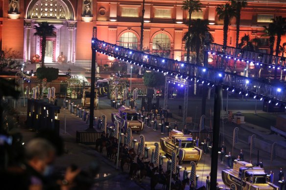 Specially designed vehicles transport mummies in a convoy from the Egyptian Museum in Tahrir Square to the new National Museum of Egyptian Civilisation during The Pharaohs’ Golden Parade.