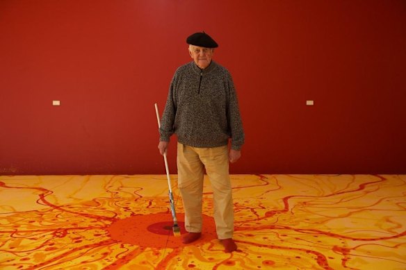 John Olsen working on a mural at his Southern Highlands home in 2013.